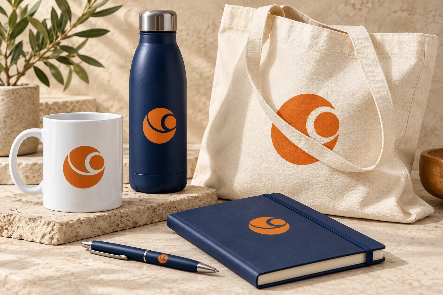 Exemplo ilustrativo de caneca, garrafa, saco e bloco personalizados