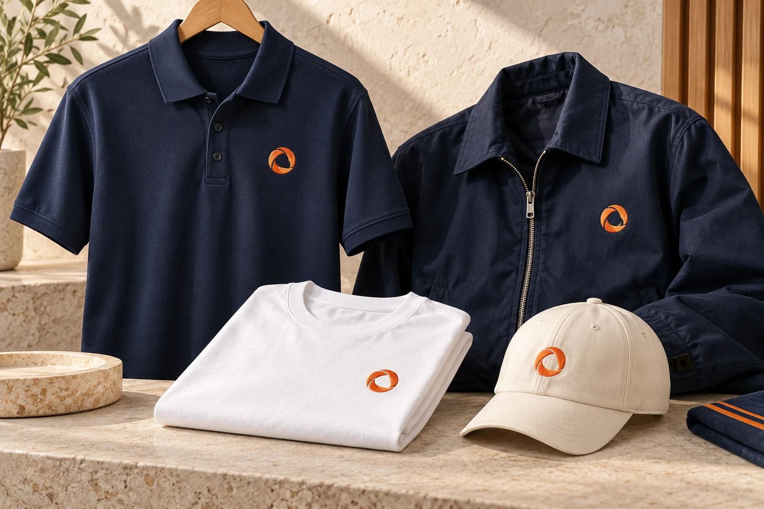 Exemplo ilustrativo de polo, t-shirt, casaco e boné com personalização